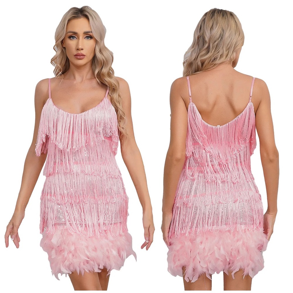 Pink Tassle Feather Sequence Fringe Mini Party Dress